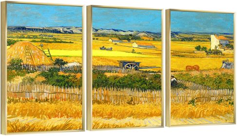Framed Canvas Wall ArtOil Paintings Impressionism Aesthetic Prints Canvas Paintings for Living Room Bedroom Office Home; 3 Panels (GOLD: 12*16)