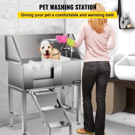 VEVOR Dog Grooming Tub, Professional Stainless Steel Pet Dog Bath Tub, with Steps Faucet & Accessories Dog Washing Station (Product Size: 34.2"L x 18.4"W x 43.3"H/ 86.8 x 46.7 x 110.4 cm)